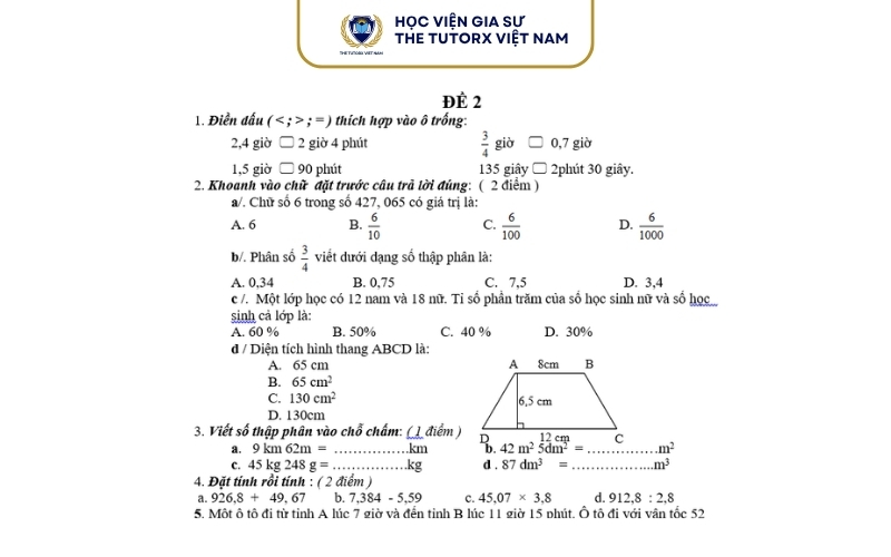 Các Dạng Bài Thường Xuất Hiện Trong Đề Thi 5 Lên 6 Môn Toán