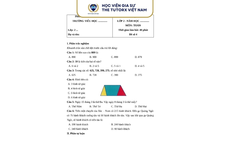 Cấu Trúc Đề Thi Cuối Kỳ 2 Lớp 2 Môn Toán