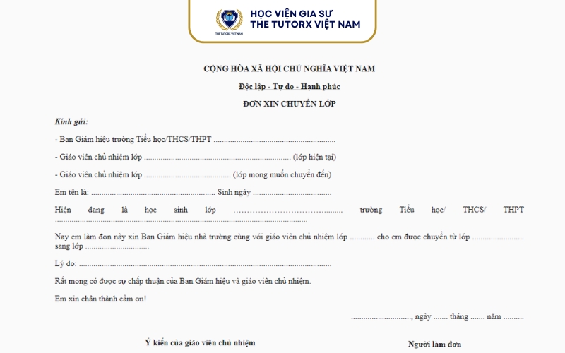 Cách viết đơn xin chuyển lớp cấp 2 đúng chuẩn