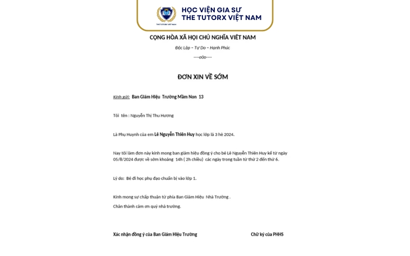 Mẫu đơn xin về sớm dành cho học sinh, sinh viên
