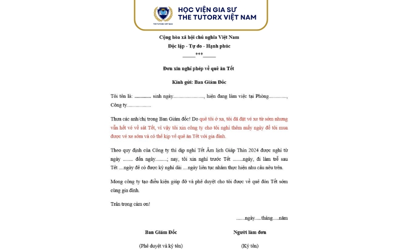 Mẫu đơn xin về sớm dành cho người đi làm