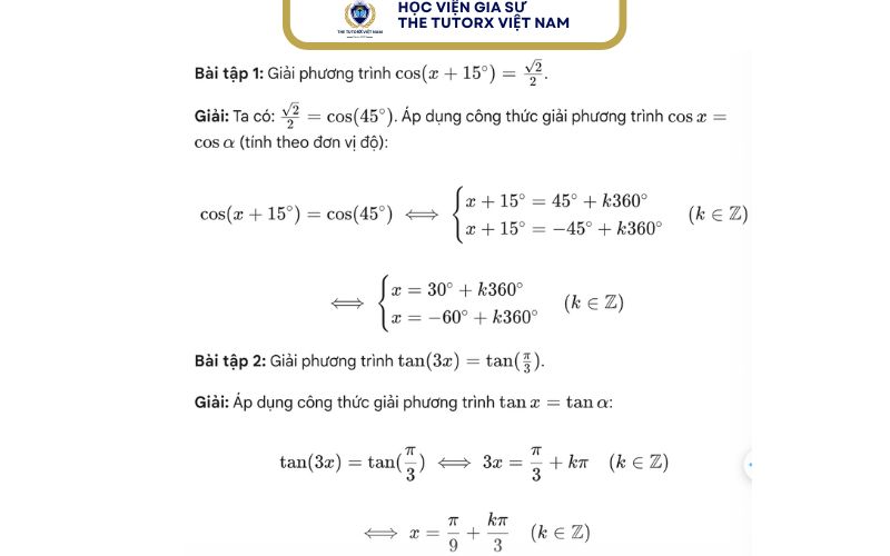 Bài tập vận dụng công thức giải phương trình lượng giác